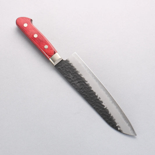Seisuke Kurobeni Blue Super Hammered Kurouchi Santoku 185mm Red Pakka wood Handle